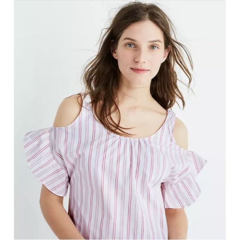 NWT Madewell Rose Stripe Bell Sleeves Cold-Shoulder Dress Size L 1046 - Picture 7 of 10
